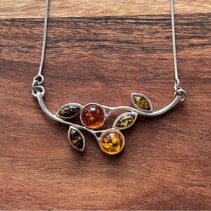 Sterling Silver Baltic Amber Leaves Necklace
